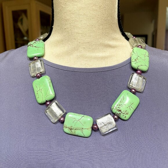 Vintage LEMON CHRYSOPRASE Necklace Green Purple with Clear Glass Beads 22” - Picture 3 of 7